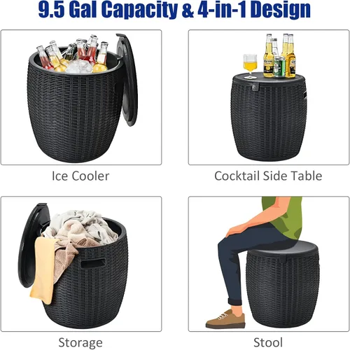 Miniatura 4 de Giantex Enfriador de hielo de 9.5 galones, baúl redondo de mimbre, cubo de hielo para vino de cerveza al aire libre, tapa superior, asas laterales