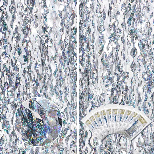 Miniatura 8 de 10 cortinas de flecos de papel de aluminio de 3.3 x 6.6 pies, cortina ondulada de oropel para feliz año nuevo, carnaval, fiesta de los años 80, 90