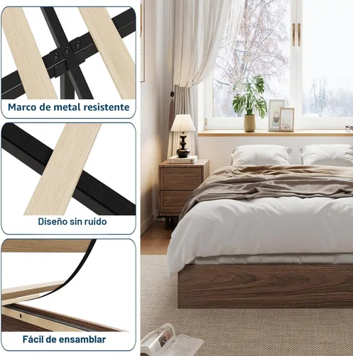 Miniatura 5 de GarveeHome - Marco de cama de plataforma de madera tamaño matrimonial, marco de cama de madera sin cabecero, soporte de listones de madera,