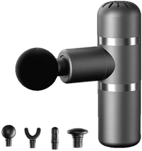 Mini pistola portátil con 4 cabezales de masaje, masajeador muscular de percusión de tejido profundo para aliviar el dolor, pistola eléctrica Gris