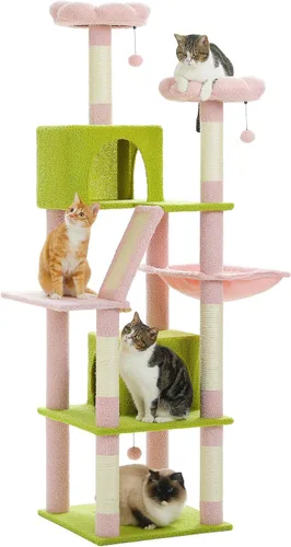 Miniatura 15 de PEQULTI Árbol para gatos de interior de 71 pulgadas con hamaca grande, torre alta para gatos grandes con condominio para 2 gatos, 2 perchas