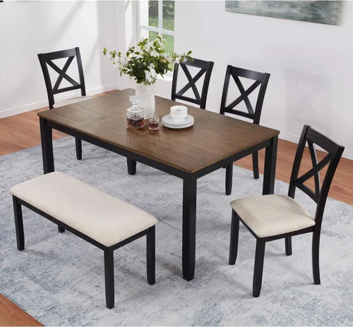 Bellemave Juego de mesa de comedor de 6 piezas para 6 mesas de cocina rectangulares con 4 sillas de comedor y banco, juego de comedor para 6