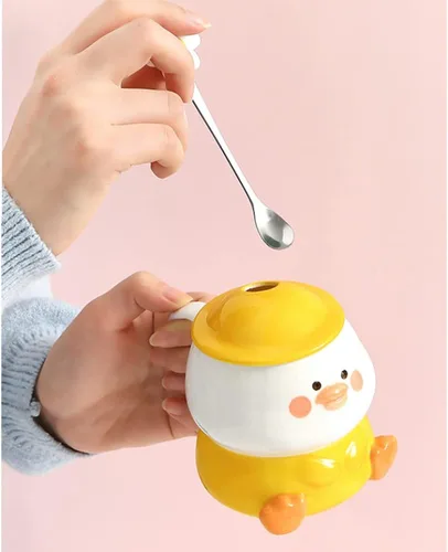 Miniatura 3 de Linda taza de café de pato 3D, divertida taza de café de cerámica de pato con tapa con sombrero y encantadora cuchara de flores, apta