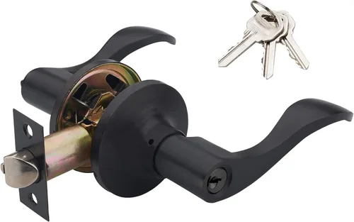 Miniatura 8 de picaporte con forma de onda y cerradura para puerta de entrada o armario, negro