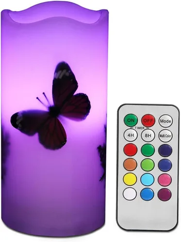 Velas LED sin llama, funciona con pilas, con temporizador remoto, 6 pulgadas, decoración de mariposas y plantas, velas eléctricas de cera real, 12