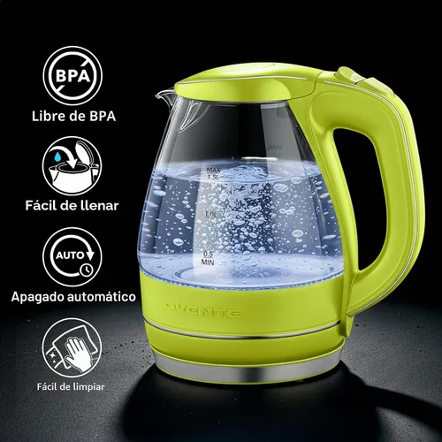 Miniatura 4 de Ovente Tetera de 1.5 litros libre de BPA, cristal, inalámbrica, eléctrica Verde