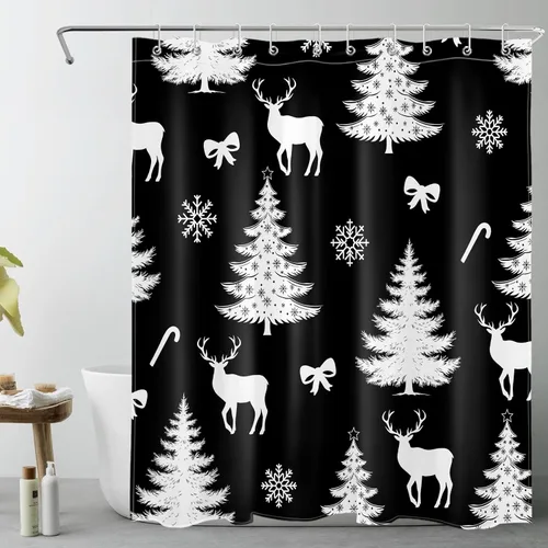 Cortina de ducha de Navidad en blanco y negro para baño con árbol de Navidad abstracto y patrón de alce de ciervo, juego de ducha de vacaciones de
