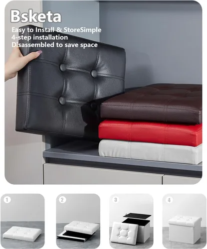 Miniatura 3 de Bsketa - Otomana de almacenamiento plegable, taburete con asiento acolchado de espuma más gruesa, pequeña otomana de cuero con almacenamiento, Blanco