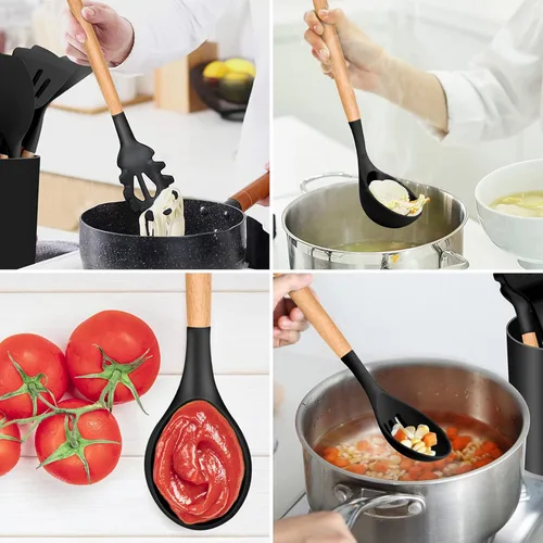 Miniatura 7 de E-far - Juego de 12 utensilios de cocina de silicona con soporte, antiadherentes y resistentes al calor, incluye espátula, pinzas, cucharón, Negro