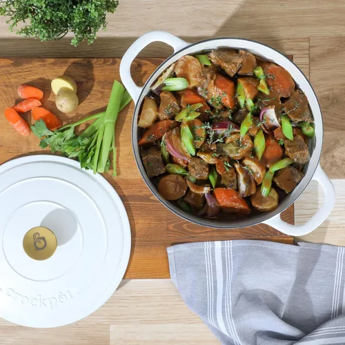 Miniatura 2 de Crock-Pot Artisan - Horno holandés redondo de 7 cuartos de galón, lino blanco mate con perilla dorada, utensilios de cocina de hierro fundido Blanco