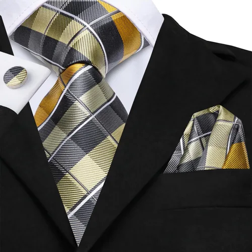 Miniatura 54 de Hi-Tie Corbata clásica de cachemira para hombre con pañuelo y gemelos a cuadros