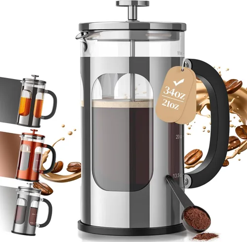 Cafetera de prensa francesa Veken de 34oz 1 L, sin plástico en contacto con el café, vidrio de borosilicato espesado resistente al calor, cafetera