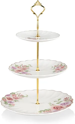 Miniatura 14 de Sweejar Soporte de cerámica para tartas de 3 niveles, soporte para postres, soporte para cupcakes, bandeja para servir pasteles de fiesta de té