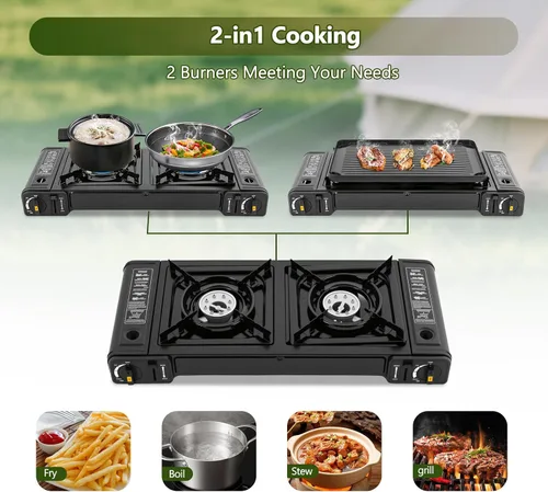 Miniatura 8 de Estufa de butano de doble quemador, kit de estufa de butano para acampar con bandeja para hornear y funda de transporte, quemador portátil