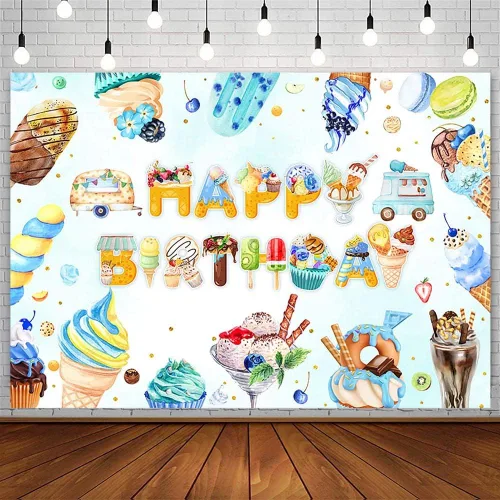AIBIIN Telón de fondo de cumpleaños de helado de 7 x 5 pies para niños y niños, helado de verano, decoraciones de fiesta de feliz cumpleaños, pastel