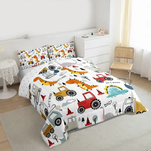 Miniatura 2 de Feelyou Juego de ropa de cama de construcción para niños, tamaño queen, niños, dinosaurios de dibujos animados, juego de funda de edredón para Multi
