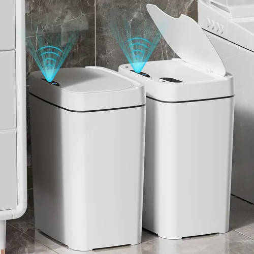 Vanpopubs Paquete de 2 Botes de Basura de Baño de 2.7 Galones con Tapa, Bote de Basura Automático Pequeño Inteligente Sin Contacto, Sensor de Blanco
