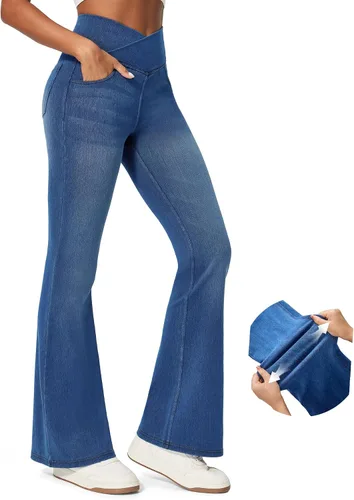 Miniatura 6 de IUGA Jeans de Cintura Alta Acampanados para Mujeres, Jeans Elásticos Acampanados Pull On de Pierna Ancha, Pantalones Leggings Acampanados con Cruz