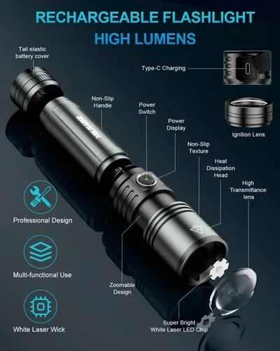 Miniatura 8 de Linterna LED recargable con lente de encendido, linternas EDC de 1500 lúmenes, 5 modos con zoom, tipo C, linternas tácticas de mano de alta potencia
