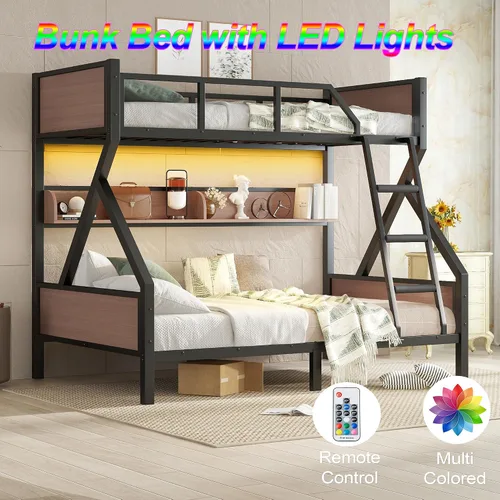 Miniatura 5 de Bellemave Litera de tamaño individual sobre matrimonial con estantes de almacenamiento y luces LED, literas resistentes para adultos con escalera
