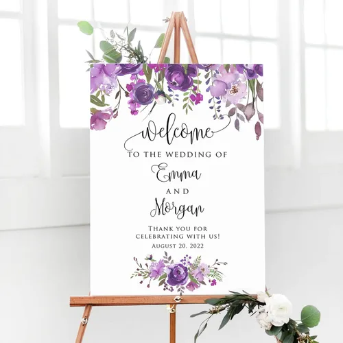 Miniatura 12 de Cartel de bienvenida de boda floral azul claro personalizado, cena de ensayo para parejas, ducha, aniversario, fiesta, póster de bienvenida, lienzo