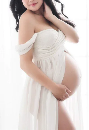 Miniatura 3 de ZIUMUDY Vestido de gasa de maternidad con hombros descubiertos para sesión de fotos, vestido largo de encaje frontal dividido para fotografía