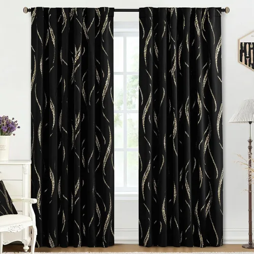 Miniatura 59 de Yakamok Cortinas opacas de 84 pulgadas de largo para sala de estar, con aislamiento térmico, patrón de líneas onduladas doradas, patrón de puntos