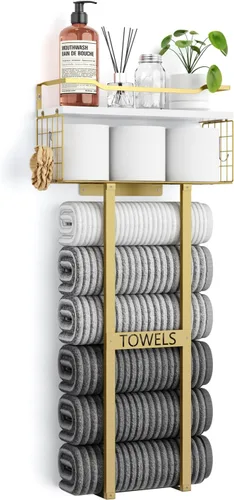 Miniatura 9 de Aetyord Toallero para Baño de 31 Pulgadas Montado en Pared, Estante Flotante con Tablero de Madera, Almacenamiento de Toallas para Baño que Puede