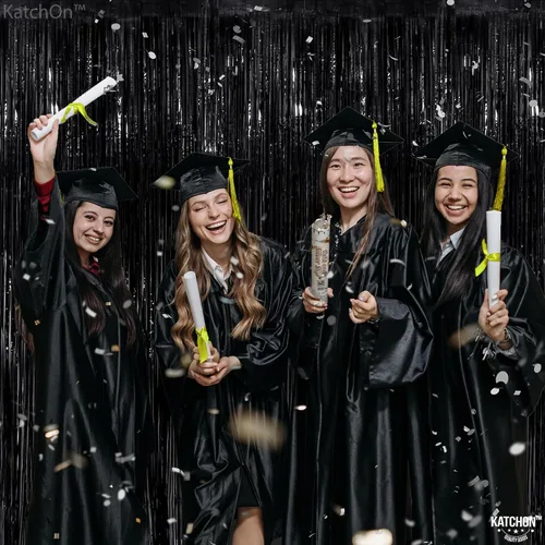 Miniatura 5 de KatchOn Telón de fondo grande con flecos negros, paquete de 2, serpentinas negras para decoraciones de graduación 2026, telón de fondo de oropel