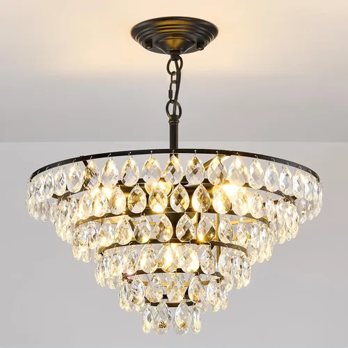 Miniatura 12 de YYJLX Lámpara de techo moderna de cristal pequeña, mini accesorio de luz de araña de montaje semiempotrado negro para pasillo, dormitorio, baño