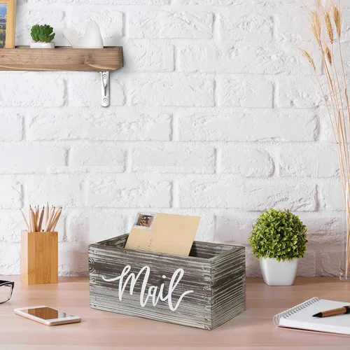 Miniatura 2 de MyGift Caja organizadora de almacenamiento para correo, madera soplada con diseño de escritura de correo, cartas de escritorio, billetes, notas