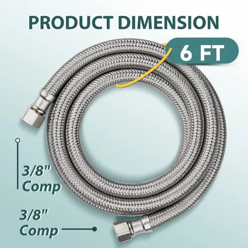 Miniatura 2 de Paquete de 1 manguera Niikappu de acero inoxidable para lavavajillas de 6 pies con conexión de compresión, kit de instalación para lavavajillas