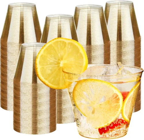 Miniatura 11 de RACETOP 9 oz 100 Pack Gold Glitter Plastic Cups, Disposable Gold Glitter Clear Plastic Cups for Parties, Gatherings, Weddings, and Festival Events