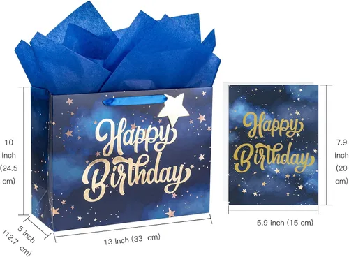 Miniatura 2 de WRAPAHOLIC Bolsa de regalo grande de 13 pulgadas con tarjeta y papel de seda, papel de estrella azul marino dorado feliz cumpleaños Azul marino