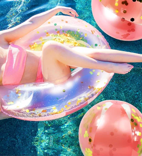 Miniatura 7 de Mozlly Paquete de pelotas de playa inflables de oro rosa y tubo de flotador de piscina, flotador de piscina y bola de playa con purpurina