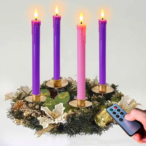 Miniatura 6 de Juego de 4 Luces de Velas LED de Navidad, Velas Cónicas que Funcionan con Batería para Corona de Adviento, 3 Moradas 1 Rosa Velas de Cera Sin Llama