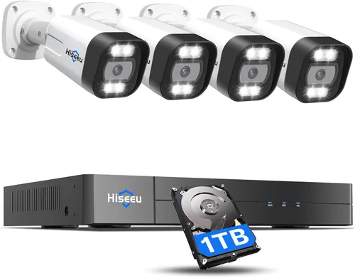 Hiseeu Sistema de cámara de seguridad PoE 4K, NVR de 8 canales, 4 cámaras IP con cable de 5MP para exteriores, visión nocturna, detección de