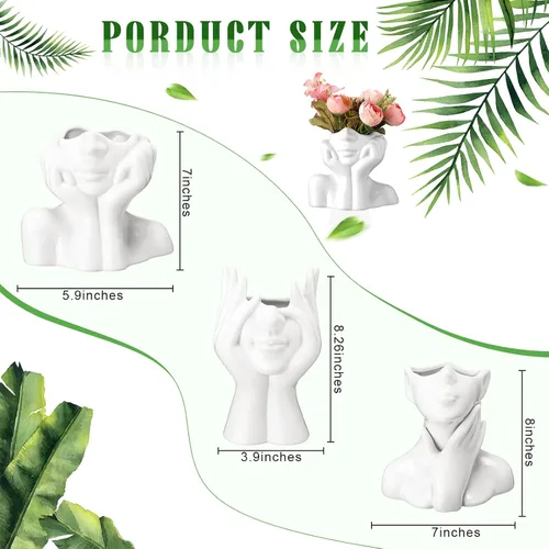 Miniatura 2 de Sieral 3 piezas de jarrón de cerámica con forma de cara femenina moderna con cuerpo de flor para decoración con cabeza, media forma de cuerpo