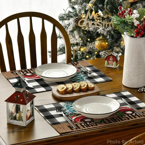 Miniatura 4 de Artoid Mode Manteles Individuales de Camión a Cuadros Buffalo Plaid Feliz Navidad Juego de 4, 12x18 Pulgadas Manteles de Mesa de Árbol de Navidad