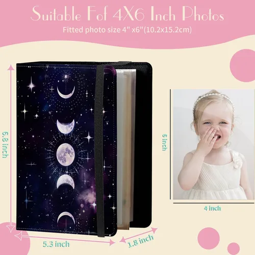 Miniatura 2 de Álbum de fotos de 4 x 6 pulgadas, capacidad para 60 fotos, cubierta de piel sintética, álbum de fotos con banda elástica fuerte, álbum de fotos Luna