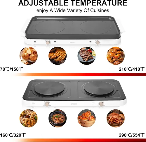 Miniatura 3 de AEWHALE Quemadores dobles para encimera con sartén extraíble antiadherente, placa caliente eléctrica de 1800 W, temperatura ajustable