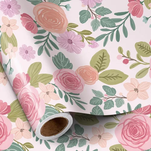 Miniatura 13 de RUSPEPA Papel de regalo reversible floral para niñas y mujeres, mini rollo, acuarela azul floral y azul sólido papel de regalo para cumpleaños, Rosa