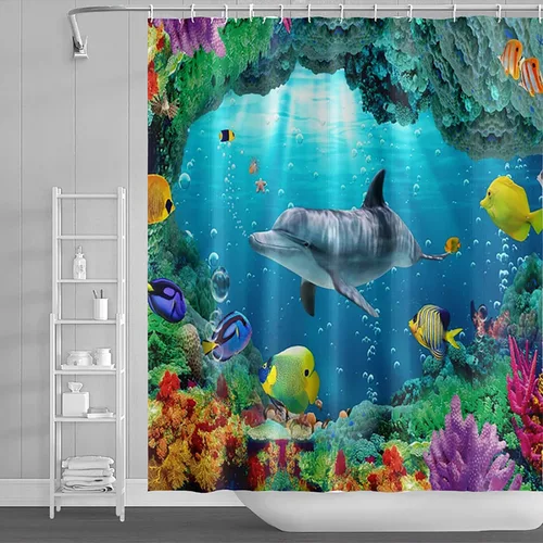 Miniatura 10 de Yeele Cortina de ducha con diseño de delfín, diseño de animales submarinos, tropical, con temática de vida silvestre, océano, azul, para baño