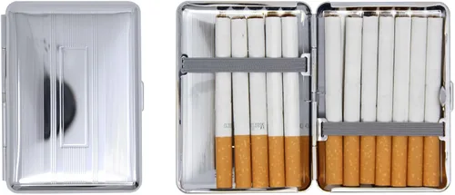 Miniatura 9 de Juego de 2 cajas de cigarrillos compactas chapadas en metal tamaño King con bandas elásticas (pergamino victoriano dorado)