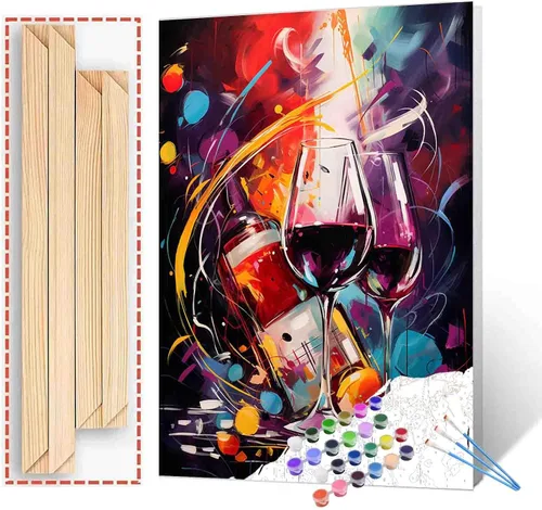 Miniatura 18 de Pintura de fiesta de vino tinto por números para adultos principiantes, vino vintage en vidrio, pintura por números, pintura acrílica, lienzo