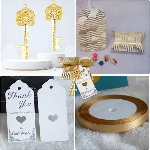 Miniatura 5 de Aokbean Juego de 50 piezas de abrebotellas con llave de esqueleto vintage, recuerdos de boda, regalo de recuerdo para invitados, almohada, caja