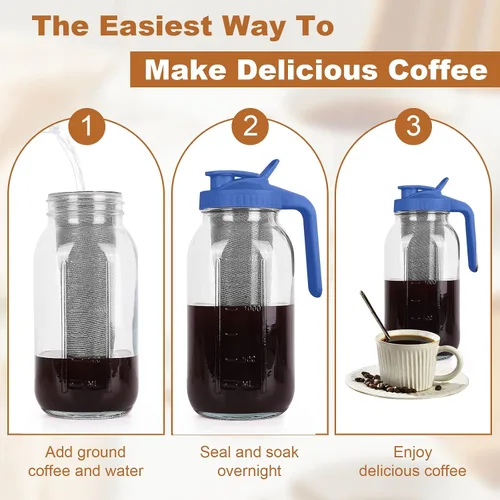 Miniatura 5 de Cafetera de café frío, jarra de frasco Mason de 64 onzas con filtro de acero inoxidable, tapa con asa y pico vertedor, vidrio resistente hermético