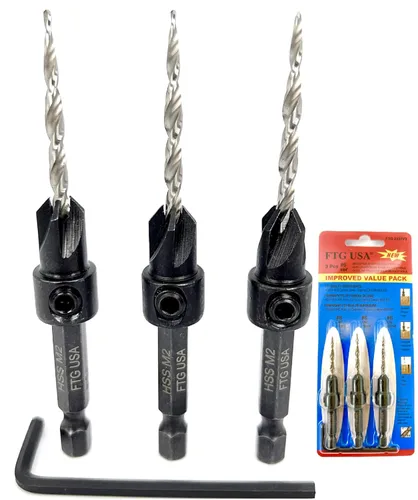 Miniatura 25 de FTG USA Juego de brocas avellanadoras de madera ajustable, 5 piezas, broca avellanadora #4 #6 #8 #10 #12 con broca cónica para carpintería