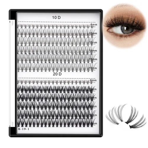 Bodermincer Extensión de pestañas 240 piezas C Curl 10D/20D Cluster 8/9/10/11/12mm, 10/11/12/13/14mm, 12/13/14/15/16mm mezcladas; pestañas postizas