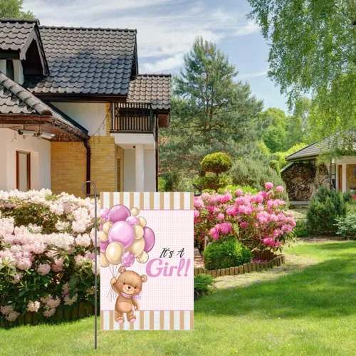 Miniatura 6 de Bandera de jardín con texto en inglés "It's A Girl" de doble cara de 12 x 18 pulgadas, globos de oso de peluche para bebé niña, decoración de patio
